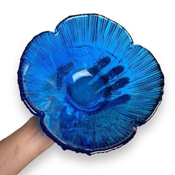 Vintage Glass Bowl Blue Flower Petal Dish MCM Textured 9" RARE - Picture 8 of 11